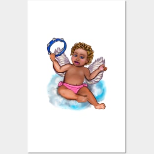 Curly haired Angel playing the tambourine on a cloud- blissful Sun kissed curly haired Baby cherub angel classical art Posters and Art